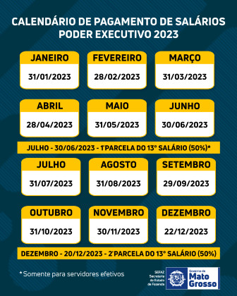 Calendário pagamento de servidores de MT 2023