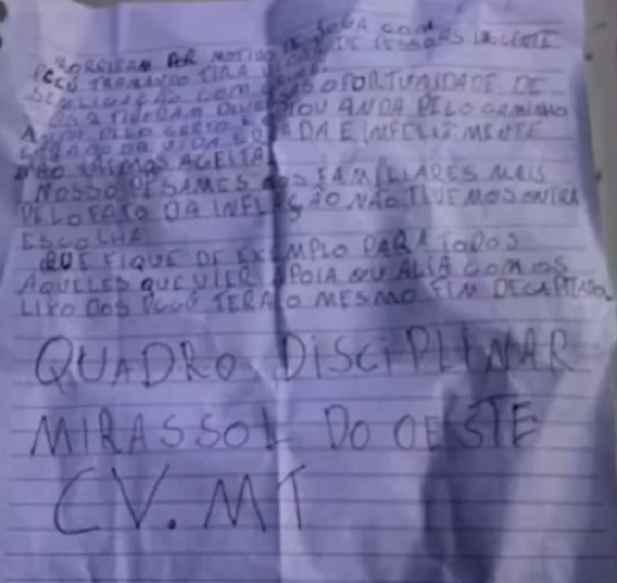 BILHETE ENCONTRADO CASO MIRASSOL