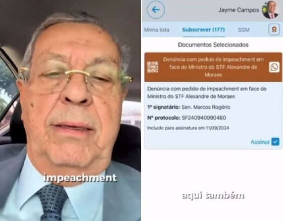 O senador Jayme Campos (União Brasil) foi o último da bancada de Mato Grosso a assinar o impeachment do ministro do Supremo Tribunal Federal (STF), Alexandre de Moraes.