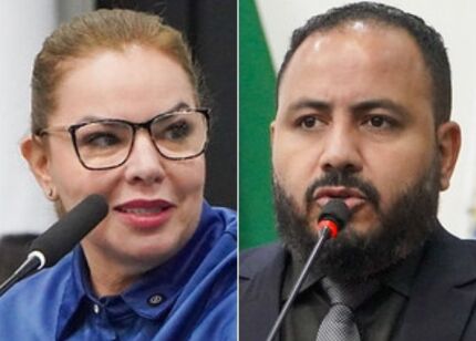 A presidente da Câmara de Cuiabá, Paula Calil (PL), e o vereador da oposição Jeferson Siqueira (PSD)