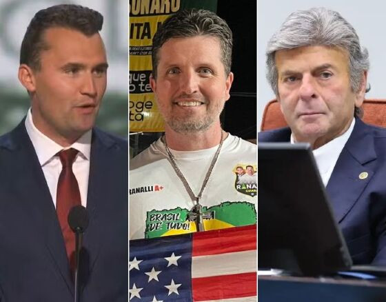 O ativista pró-Trump, Charlie Kirk; o vereador por Cuiabá, Rafael Ranalli; e o ministro do STF, Luiz Fux.