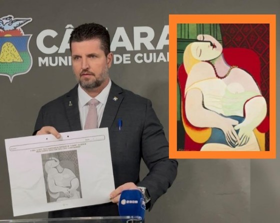 O vereador por Cuiabá, Rafael Ranalli (PL), destacando a obra Le Rêve, de Pablo Picasso, que, segundo ele, é imprópria aos alunos dos Anos Inicial do Ensino Fundamental.