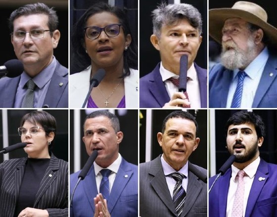 Rodrigo da Zaeli (PL); Gisela Simona (UB); José Medeiros (PL); Nelson Barbudo (PL); Coronel Fernanda (PL); Coronel Assis (UB); Juarez Costa (MDB); e Emanuelzinho (MDB) - da esquerda à direita