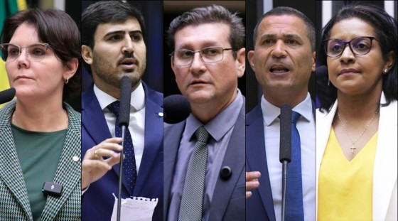 Os deputados federais Coronel Fernanda (PL), Emanuelzinho (MDB), Rodrigo da Zaeli (PL), Coronel Assis (União Brasil) e Gisela Simona (União Brasil) - da esquerda à direita. 
