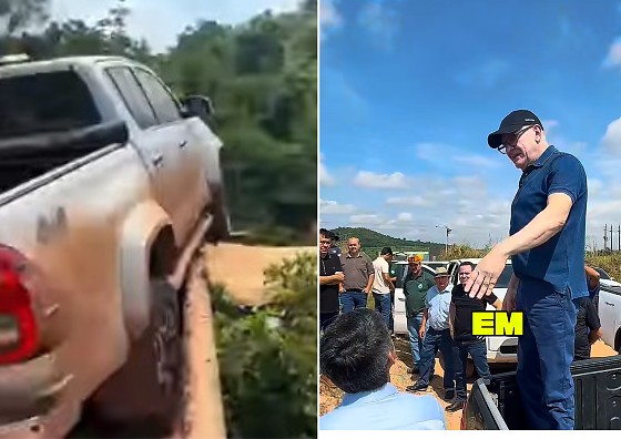 Veículo da comitiva de Pivetta quase despenca de ponte em Matupá; veja vídeo