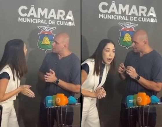 A vice-presidente da Câmara, Maysa Leão (Republicanos), e o prefeito de Cuiabá, Abilio Brunini (PL), discutiram no espaço da imprensa. 