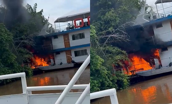 Chamas começaram com a embarcação ainda atracada; populares agiram rápido para conter o fogo antes da chegada dos bombeiros e evitaram desastre ambiental.