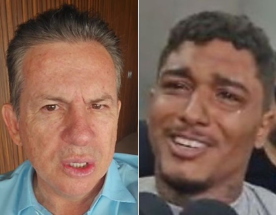 O governador Mauro Mendes (União Brasil) à esquerda e o 'Monstro dos Três Barras', o 'Marquinhos', suspeito de assassinar e ocultar o corpo da irmã de 17 anos.