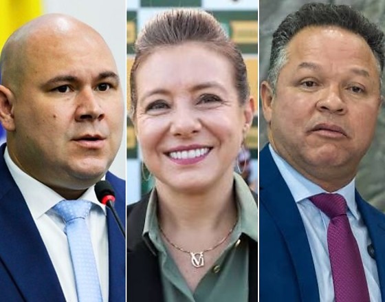 Da esquerda à direita: Os prefeitos de Cuiabá, Abilio Brunini; de VG, Flávia Moretti; e de Rondonópolis, Cláudio Ferreira, todos filiados ao PL .