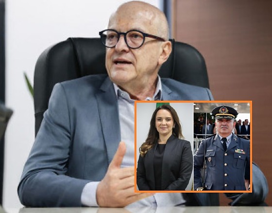 O vice-governador Otaviano Pivetta (Republicanos) ao fundo; à frente o comandante da Polícia Militar, Cláudio Fernando Carneito Tinoco, e a da Polícia Civil Daniel Silveira Maidel.