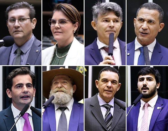 Da esquerda à direita: Rodrigo Zaeli, Coronel Fernanda, José Medeiros e Coronel Assis, todos do PL; Fábio Garcia do UB; Nelson Barbudo, Podemos; Juarez Costa, Republicanos; e Emanuelzinho do PSD.