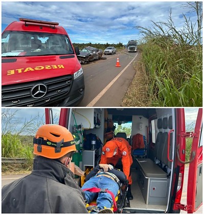 Acidente envolvendo 2 caminhonetes e 1 caminhão deixa homem ferido