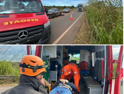 Acidente envolvendo 2 caminhonetes e 1 caminhão deixa homem ferido
