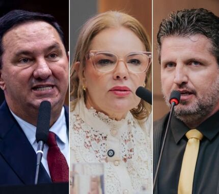 Da esquerda à direita: o deputado estadual Valdir Barranco (PT); a presidente da Câmara de Cuiabá, Paula Calil, e o vereador Rafael Ranalli, ambos do PL. 