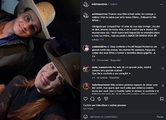Esposa de peão que morreu em rodeio publica homenagem emocionante na redes