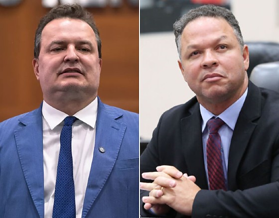 O presidente da AL, Max Russi (Podemos), e à direita o prefeito de Rondonópolis, Cláudio Ferreira (PL).