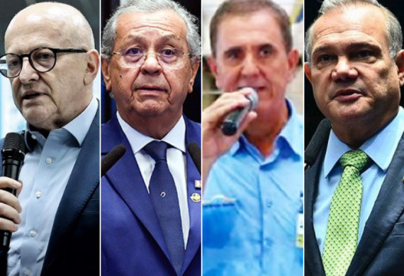 O governador Otaviano Pivetta (Republicanos); o senador Jayme Campos (UB); o leiloeiro Maurício Tonhá; e o senador Wellington Fagundes (PL). 