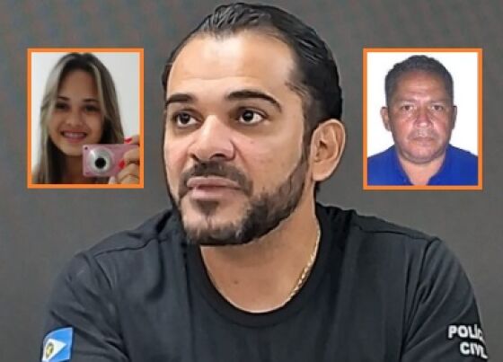 O delegado da DHPP, Caio Abreu; o empresário Rogério da Silva Amorim, à direita, condenado pela morte da adolescente Maiana Mariano Vilela, de 16 anos, à esquerda. 