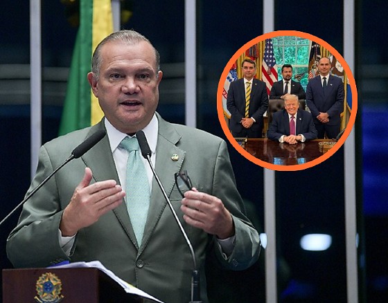 O senador Wellington Fagundes e em destaque os irmãos Bolsonaro com presidente do EUA, Donald Trump.