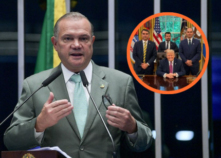 O senador Wellington Fagundes e em destaque os irmãos Bolsonaro com presidente do EUA, Donald Trump. 