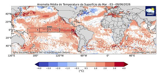 Anomalia de temperatura da superfície do mar entre os dias 03 e 09 de junho de 2026