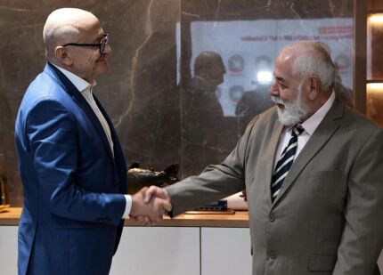 O governador Otaviano Pivetta (Republicanos) e o presidente do Tribunal de Justiça (TJMT), o desembargador José Zuquim Nogueira - da esquerda à direita. 