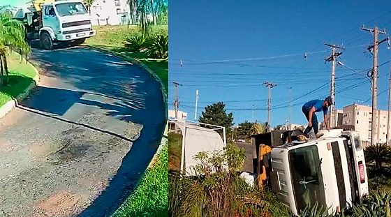Caminhão, perde controle e tomba em frente à condomínio em cbs