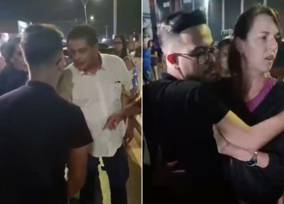 À esquerda - O presidente da Câmara de VG, Wanderley Cerqueira (MDB), e o jornalista Fred Moraes em bate-boca ; ao lado, a secretária de Comunicação de VG, Paola Carlini, tentando mediar o conflito. 
