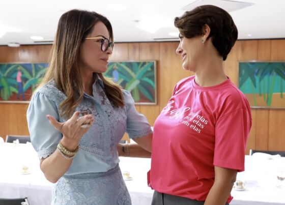 A ex-primeira-dama da República, Michelle Bolsonaro (PL), e a ex-primeira-dama de MT, Virginia Mendes (União Brasil). 