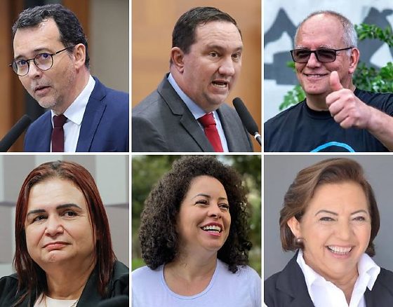 Os deputados estaduais Lúdio Cabral e Valdir Barranco, ambos do PT; o ex-prefeito de Rondonópolis, Zé Carlos do Pátio (PV); abaixo a ex-deputada federal Rosa Neide (PT); a suplente na AL, Professora Graciele (PCdoB); e a ex-primeira-dama de Rondonópo