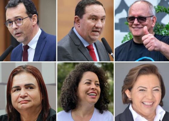 Os deputados estaduais Lúdio Cabral e Valdir Barranco, ambos do PT; o ex-prefeito de Rondonópolis, Zé Carlos do Pátio (PV); abaixo a ex-deputada federal Rosa Neide (PT); a suplente na AL, Professora Graciele (PCdoB); e a ex-primeira-dama de Rondonópo