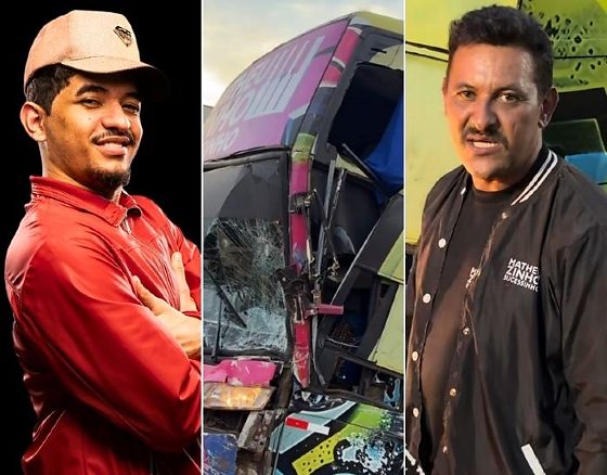 O ônibus do cantor Matheuzinho Sucessinho (à esquerda) foi atingido por uma carreta; o motorista (à direita) saiu ileso.