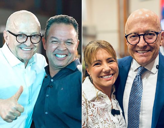 O governador Otaviano Pivetta (Republicanos) com os prefeito de Rondonópolis, Cláudio Ferreira, e de Várzea Grande, Flávia Moretti, ambos do PL.
