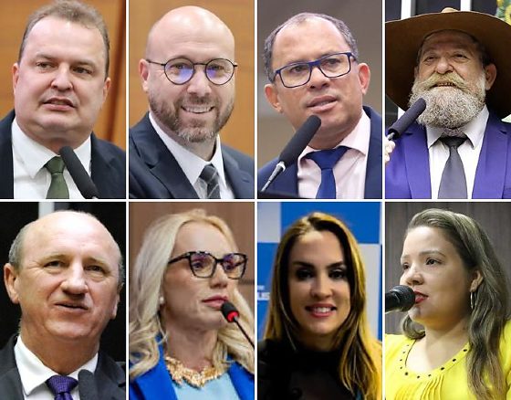 Os deputados estaduais Max Russi, Beto Dois a Um, Fábio Tardin; o federal Nelson Barbudo; o ex-ministro e ex-federal, Neri Geller; as vereadoras por cuiabá. Katiuscia Mantelli, Kalynka Meirelles e Gisa Barros - da esquerda à direita.