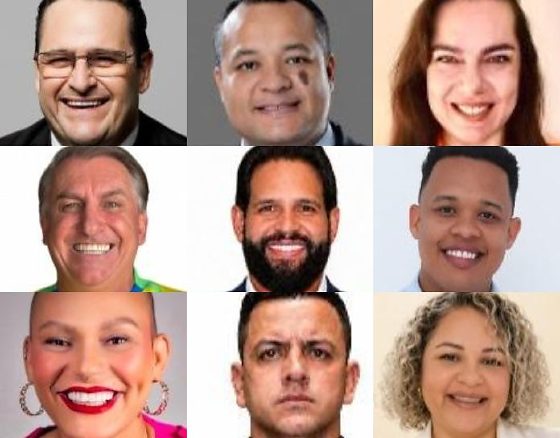 Os candidatos a deputado federal do Novo: Professor Haroldo, Carlos Dorilêo Jr, Doutora Débora, Bolsonaro da Shopee, Vinicius Santana, Caio Cordeiro, A Carequinha, Cabo Menegatti e Gal Rodrigues - da esquerda à direita. 