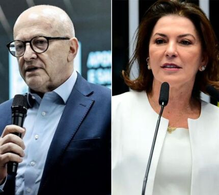 O governador Otaviano Pivetta (Republicanos) e a suplente no Senado, Rosana Martinelli (MDB). 