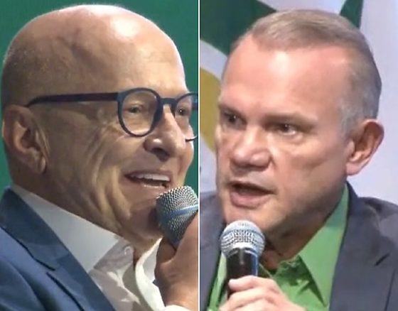 O governador Otaviano Pivetta (Republicanos) e o senador Wellington Fagundes (PL) na sabatina da Aprosoja-MT.