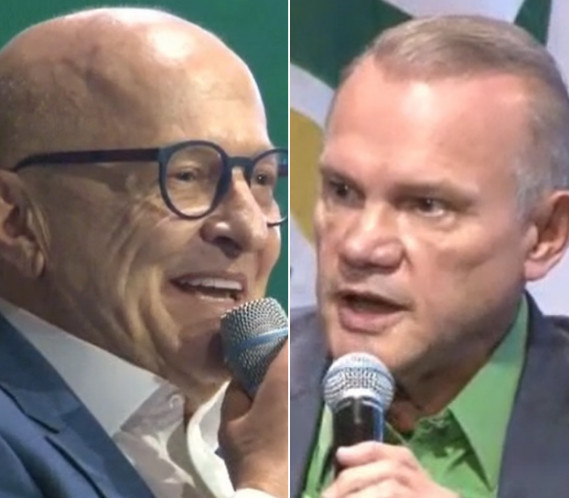 O governador Otaviano Pivetta (Republicanos) e o senador Wellington Fagundes (PL) na sabatina da Aprosoja-MT. 
