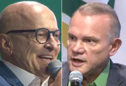 O governador Otaviano Pivetta (Republicanos) e o senador Wellington Fagundes (PL) na sabatina da Aprosoja-MT. 