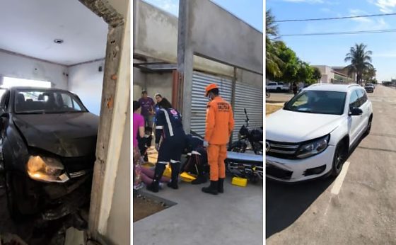 Acidente entre dois carros termina com casa invadida, muro destruído e duas vítimas