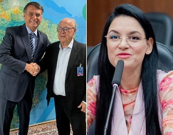 O empresário do agronegócio, Eliseu Maggi Scheffer, com o ex-presidente Jair Bolsonaro (PL); e a candidata a deputada estadual Samantha Iris (PL). 