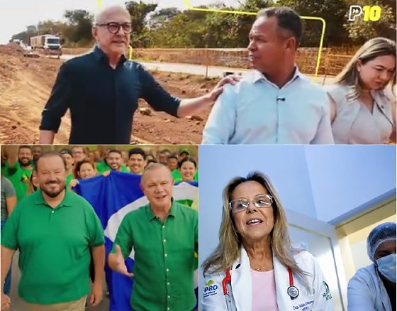O governador Otaviano Pivetta (Republicanos) com o prefeito de Rondonópolis, Cláudio Ferreira (PL); o senador Wellington Fagundes (PL) com o vice, Reinaldo Morais (Novo); e a Dra. Natasha Slhessarenko (PSD).