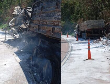 Pane nos freios causa batida entre 5 carretas e mata caminhoneiro na Serra São Vicente 