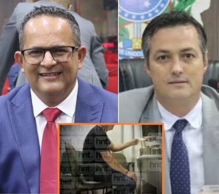 Os vereadores de Várzea Grande, Sardinha (MDB) e Rogerinho Dakar (PSDB); em destaque, imagem que denunciou Dakar recebendo maços de dinheiro. 