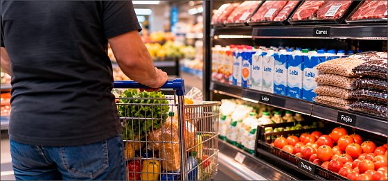 Cesta básica, compras, alimentos, comida, prateleira
