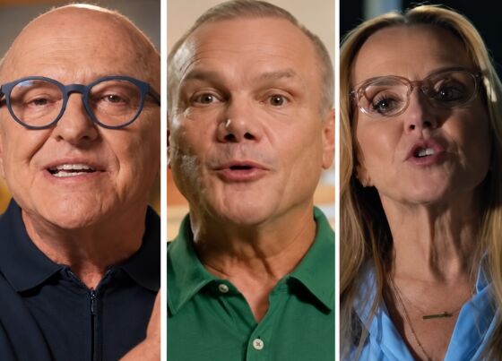 Os candidatos ao governo Otaviano Pivetta (Republicanos), Wellington Fagundes (PL) e Natasha Slhessarenko (PSD).