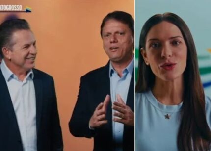 O ex-governador Mauro Mendes (UB) com o governador de SP, Tarcísio de Freitas (Republicanos-SP), e a deputada estadual Janaina Riva (MDB). 
