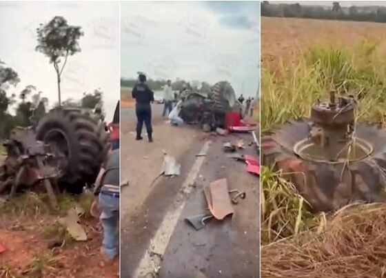 Trator se parte ao meio em acidente com carreta; dois ficam feridos