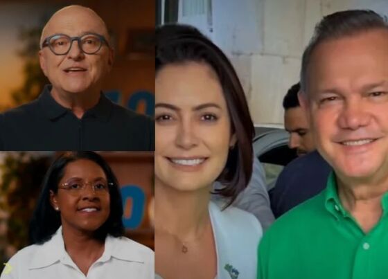 O candidato à reeleição e governador Otaviano Pivetta (Republicanos), a candidata a vice-governadora Gisela Simona (UB), a ex-primeira-dama Michelle Bolsonaro (PL-DF) e o senador Wellington Fagundes (PL).