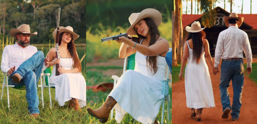 Casal do agro viraliza ao anunciar casamento com tiro de espingarda em calendário 
